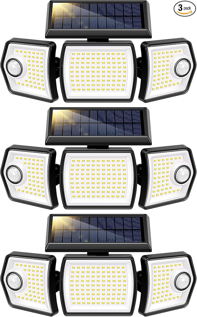 VIVOHOME Linkable Solar Flood Lights Outdoor, 2 Adjustable Motion Sensors Security Lights with 3 Heads, 2500LM, IP65 Waterproof, Solar Powered for Outside, Yard, Porch, Patio, 3 Pack-VerdiqueGarden