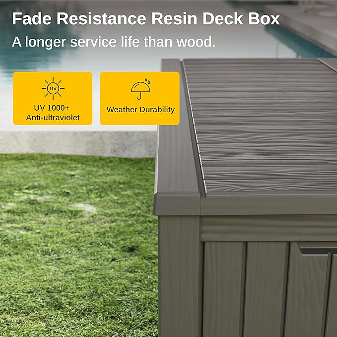 EAST OAK Outdoor Storage Box, 150 Gallon Deck Box, Large Resin Storage Bin for Patio Cushions, Gardening Tools, Lockable, Waterproof and UV Resistant, Grey-VerdiqueGarden