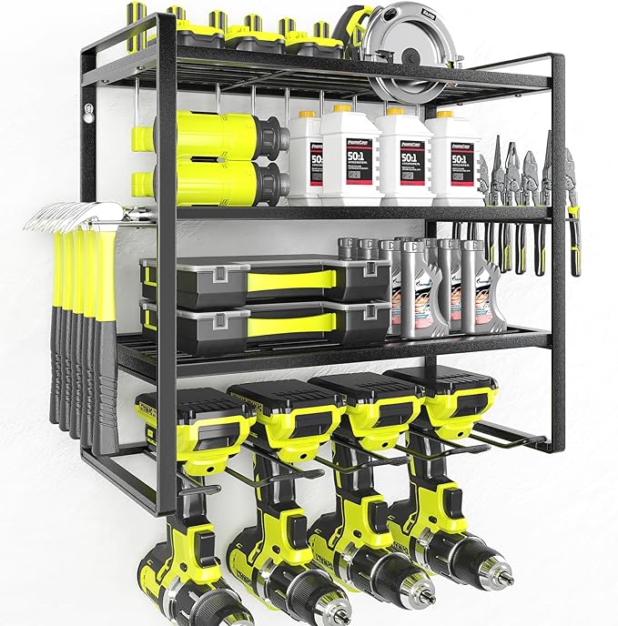 KAFAHOM Power Tool Organizer, Garage Tool Organizers and Storage,Drill Holder Wall Mount, Storage Rack for Cordless Drill, Heavy Duty Tool shelf with Screwdriver Holder/Pliers Holder/Hammer Holder-VerdiqueGarden