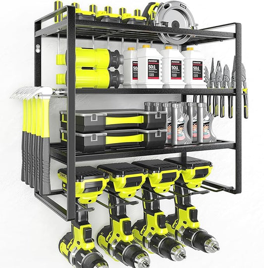KAFAHOM Power Tool Organizer, Garage Tool Organizers and Storage,Drill Holder Wall Mount, Storage Rack for Cordless Drill, Heavy Duty Tool shelf with Screwdriver Holder/Pliers Holder/Hammer Holder-VerdiqueGarden