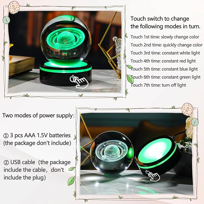 YWHL 3D Crystal Ball with LED Light Base, 3D Laser Engraved Glass Sphere Galaxy Crystal Ball for Home Decorations, Planet Saturn Lamp Gifts for Mother's Day Birthday Christmas (80mm)-VerdiqueGarden