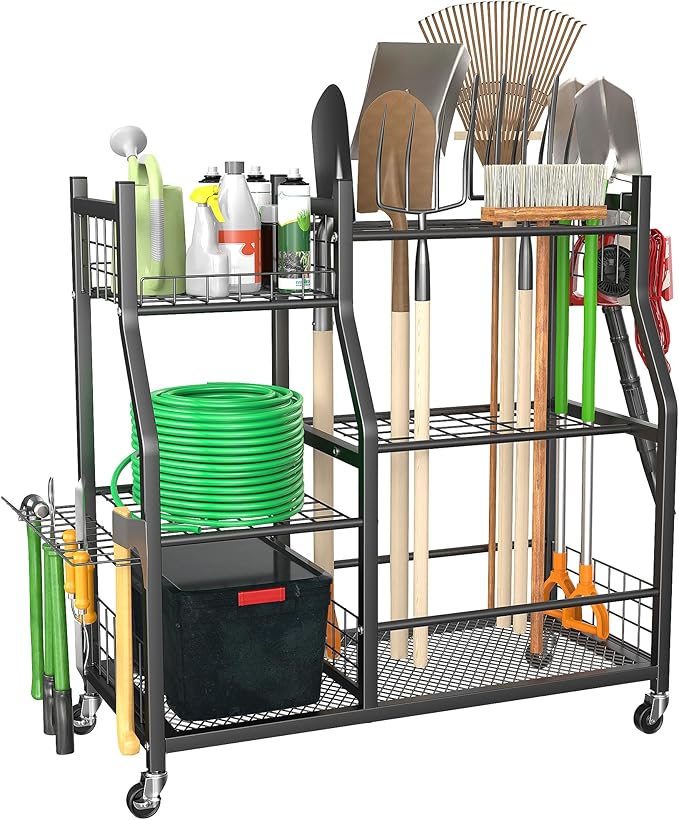 Ultrawall Garden Tool Organizer, Yard Tool Storage Rack for Garage Organization with Lockable Wheels, Garden Tool Stand for Rake, Brooms, Indoor & Outdoor Use-VerdiqueGarden