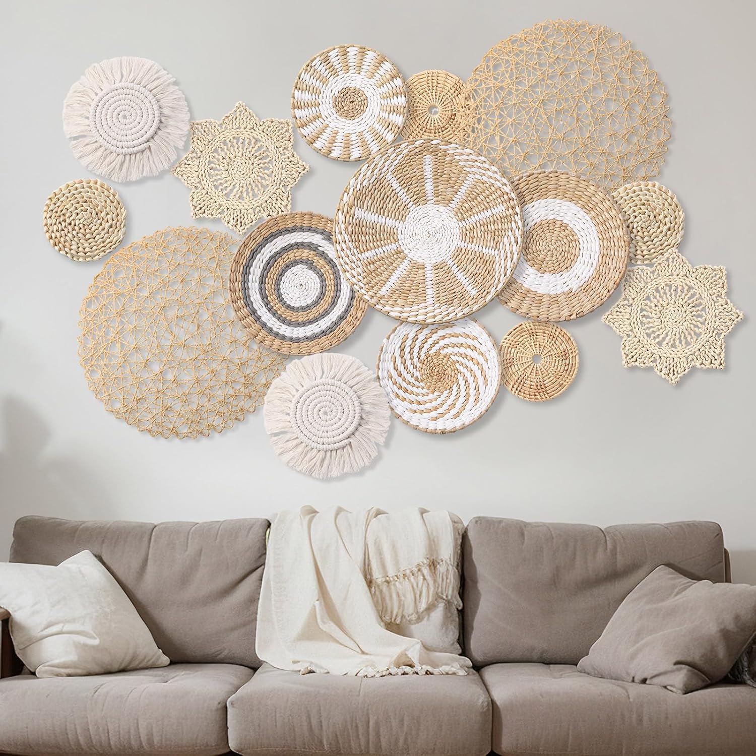 15 Pcs Boho Wall Basket Decor Woven Rattan Seagrass Wall Decor Hanging Rustic Farmhouse Western Art Decoration for Nursery Living Room Bedroom Home Kitchen(Grey White Style)-VerdiqueGarden