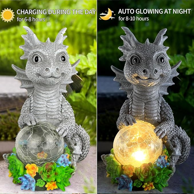 Solar Garden Outdoor Statues Dragon Holding Magic Orb with Solar LED Lights - Lawn Decor Outdoor Statue for Patio, Balcony, Yard Ornament,Unique Gifts for Mom Grandma-VerdiqueGarden