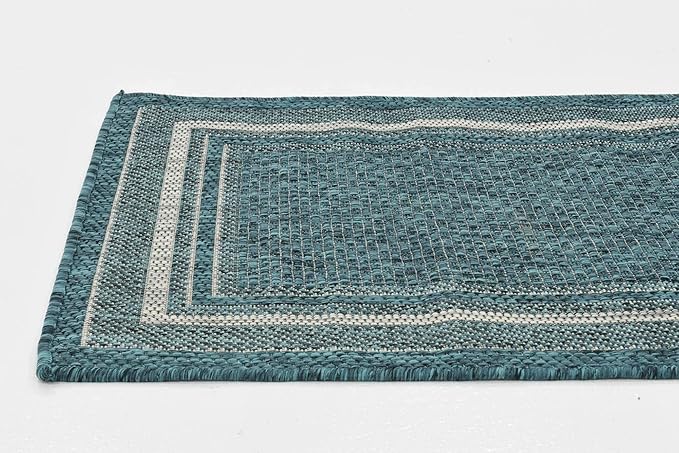 Unique Loom Outdoor Border Collection Area Rug - Soft Border (2'x 6' 1" Runner, Teal/ Ivory)-VerdiqueGarden
