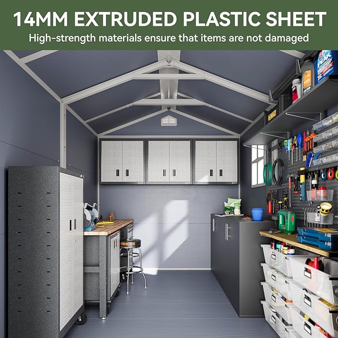 Aoxun 8 X 6.2 FT Resin Storage Shed Outdoor Plastic Large Garden Shed with Lockable Door, Floor for Backyard, Garden, Patio, Lawn, Grey (Grey, 8' x 6.2')-VerdiqueGarden