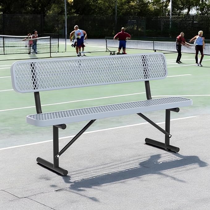 Heavy Duty Park Bench with Back Portable Frame, Outdoor Steel Bench with Backrest, Outdoor Park Bench Expanded Metal Mesh Bench for Lawn, Park, Deck, Garden, Patio, Porch, Black (Gray, 8FT)-VerdiqueGarden