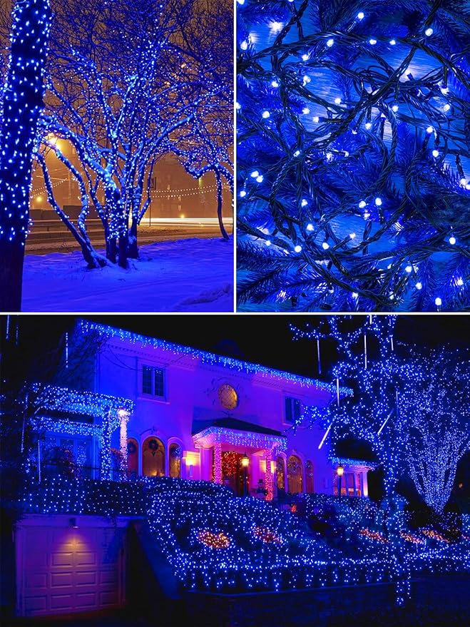 EEW 2-Pack 200 LED Solar String Lights Outdoor, Solar Christmas Lights with 8 Lighting Modes, Waterproof Green Wire Solar Tree Lights for Outside Xmas Wedding Party Garden Patio Decorations (Blue)-VerdiqueGarden