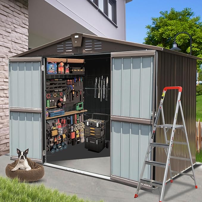 Domi Backyard Storage Shed 8.2’ x 6.2’ with Galvanized Steel Frame,Outdoor Garden Shed Metal Utility Tool Storage Room with Latches and Lockable Door for Balcony Lawn Poolside (Dark Brown)-VerdiqueGarden