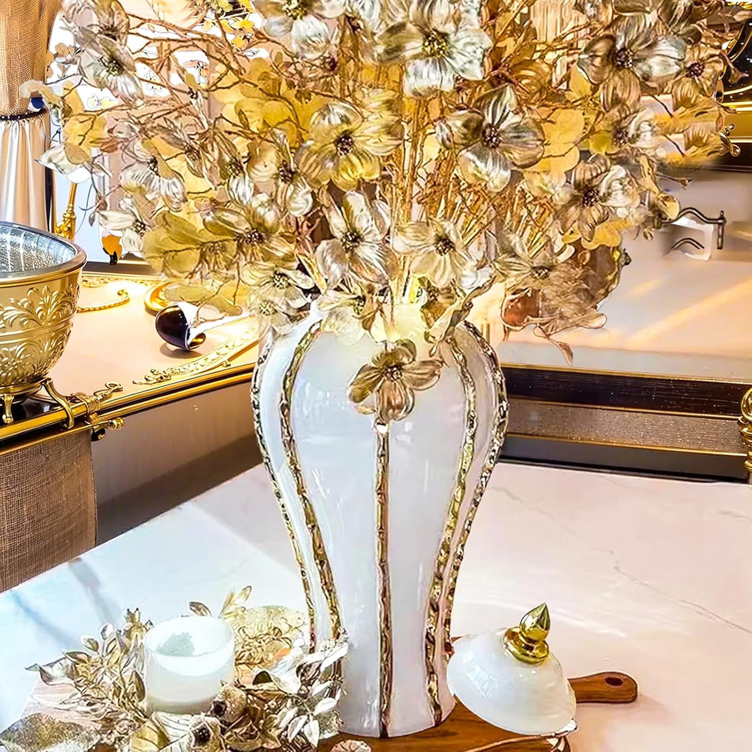 Ginger Jar, White Gold Ceramic Vase Large Handmade Porcelain Vases with Lid, White Gold Decorative Flower Vase for Home, Living Room, Weddings, Centerpieces (14in with Lid)-VerdiqueGarden