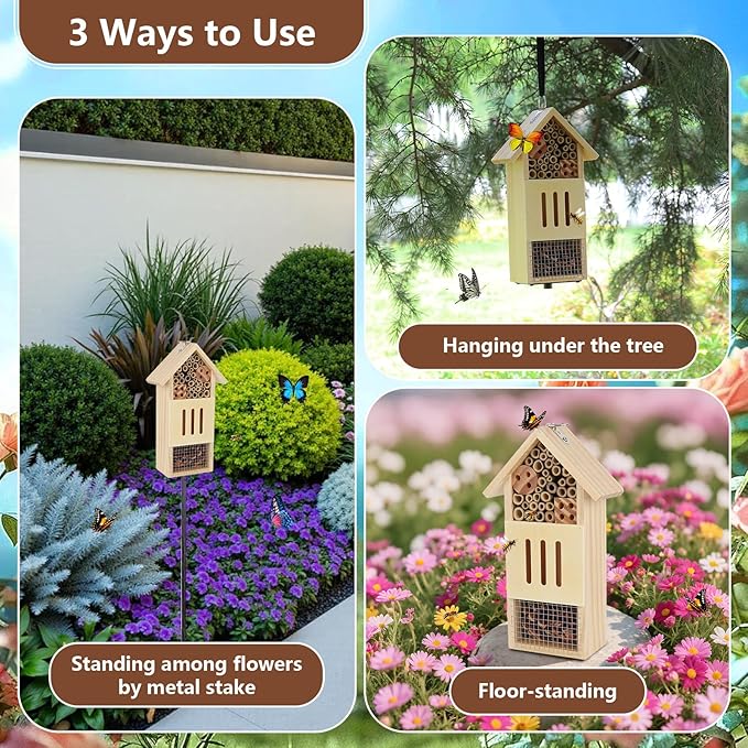 Wooden Insect House, Bee House with Metal Stake for Gardens, Insect Hotel & Butterfly Hotel on The Ground or Hanging on Tree Wall, Natural Insect Habitat for Bee, Butterfly, Ladybirds, Bugs-VerdiqueGarden