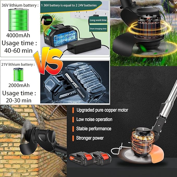 Weed Wacker 24V Eater Battery Brush Cutter, Electric Eater Battery Cordless stringles with 2 Batteries, 1 Charger, 3 Types Blades, Weed Wacker Battery Powered, Lightweight Battery Electric Weed-VerdiqueGarden