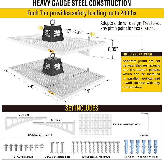 2-Pack 2x3ft Adjustable Garage Wall Shelving 560lbs Load Capacity Heavy Duty Wall Mounted Storage Shelf Metal Floating Shelves for Garage(White)-VerdiqueGarden