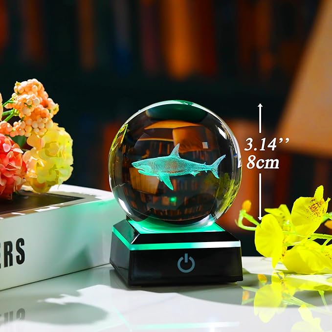 Shark Gifts for Women Men 3D Crystal Ball 3.14'' - Laser Shark Decor Glass Animals Figurines Statue Stuff for Room Night Light Shark Gifts for Mom-VerdiqueGarden