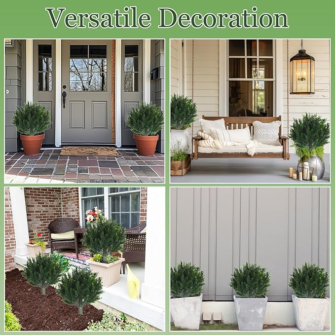 Yunlly 2 Pcs Artificial Cedar Topiary Ball Fake Tree 18" Bush Front Porch Decor Artificial Shrubs for Outdoors Faux Cypress with Ground Spike, Evergreen Plants for Indoor Garden Patio, UV Resistance-VerdiqueGarden