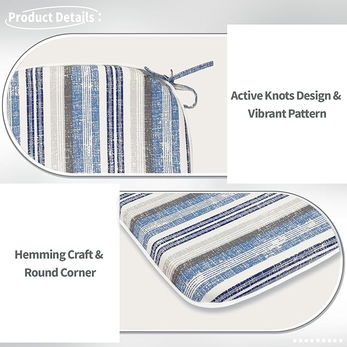 Indoor/Outdoor Chair Cushions 16x17 Inch, Patio Chair Cushions with Ties, All Weather Seat Cushions for Patio Furniture Home Garden Chair Use, Set of 2, Stripe Layered Blue-VerdiqueGarden