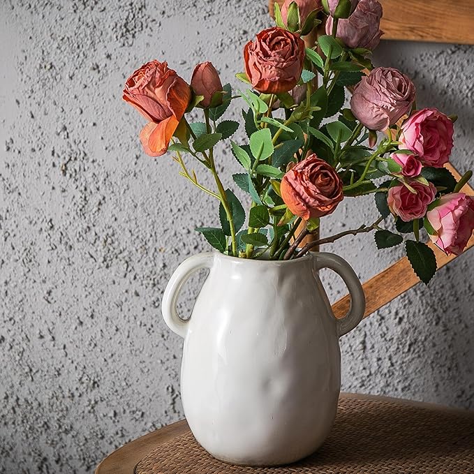 Kimdio White Ceramic Vase with 2 Handles, Modern Farmhouse Vases for Home Decor, Rustic Pottery Vase, Decorative Terracotta Flower Vase, Clay Small Vase, Centerpieces for Dining Table-VerdiqueGarden