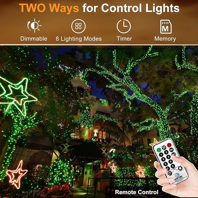 KNONEW 403FT 1000 LED Christmas String Lights Outdoor Green Wire Fairy Light 8 Modes & Timer Plug in Waterproof LED String Lights for Xmas Yard Tree Wedding Party Holiday Decorations(Green)-VerdiqueGarden