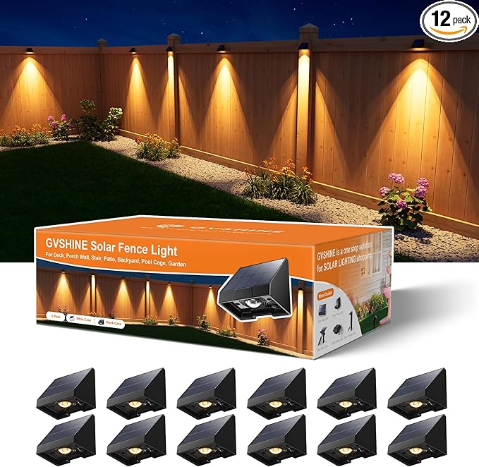 12 Pack Decorative Solar Powered Fence Lights Outdoor Waterproof with Warm White LED Spot Lens, for Outside Wall, Deck, Patio, Yard, Rail, Garage, Pool, Designed for Enhanced Security, Easy Install-VerdiqueGarden