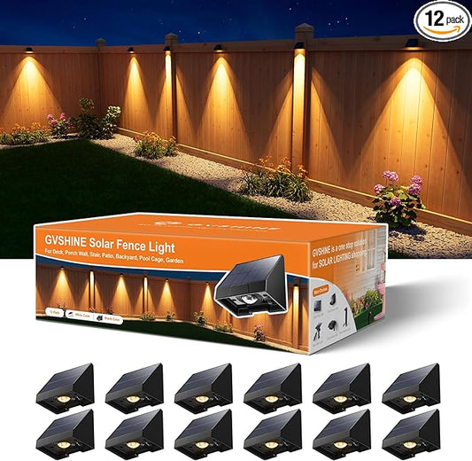 12 Pack Decorative Solar Powered Fence Lights Outdoor Waterproof with Warm White LED Spot Lens, for Outside Wall, Deck, Patio, Yard, Rail, Garage, Pool, Designed for Enhanced Security, Easy Install-VerdiqueGarden
