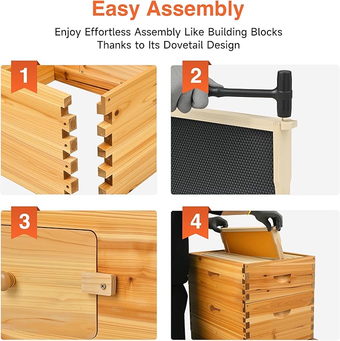 CREWORKS 10 Frame Bee Hive, 3 Layers Beeswax Coated Beehive Starter Kit with Frames & Foundations, Langstroth Bees Hives Box with Transparent Acrylic (Window Medium Box & 2 Deep Boxes)-VerdiqueGarden