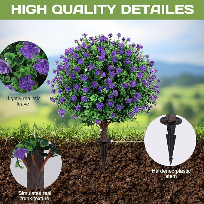 Artificial Purple flower Topiary Ball Tree 25" with Ground Spike, Set of 2 Artificial Boxwood Bushes for Faux Shrubs, Fake Evergreen Faux Plant for Indoor Outdoor Garden -UV Resistant–Fade-Proof-VerdiqueGarden