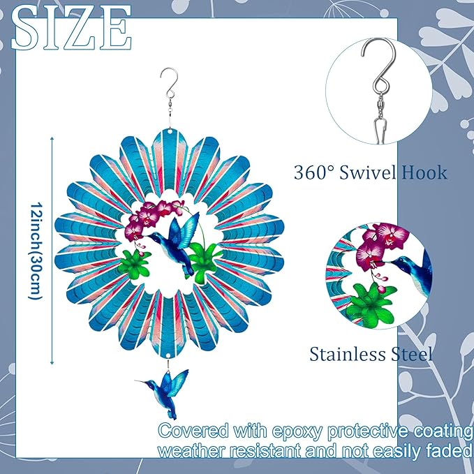 TUOKING Hummingbird Wind Spinners Outdoor Garden Decor 12 Inch 3D Hanging Wind Sculpture Stainless Steel Wind Spinner for Yard and Garden Decoration Worth Gift for Women-VerdiqueGarden