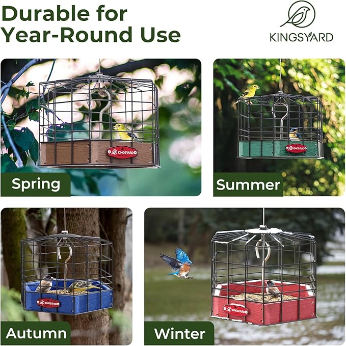 Kingsyard Squirrel Proof Platform Bird Feeder for Outdoor Hanging, Caged Bird Feeder for Bluebird Mealworm, Recycled Plastic Feeding Platform with Metal Mesh Tray, Special for Small Birds, Blue-VerdiqueGarden