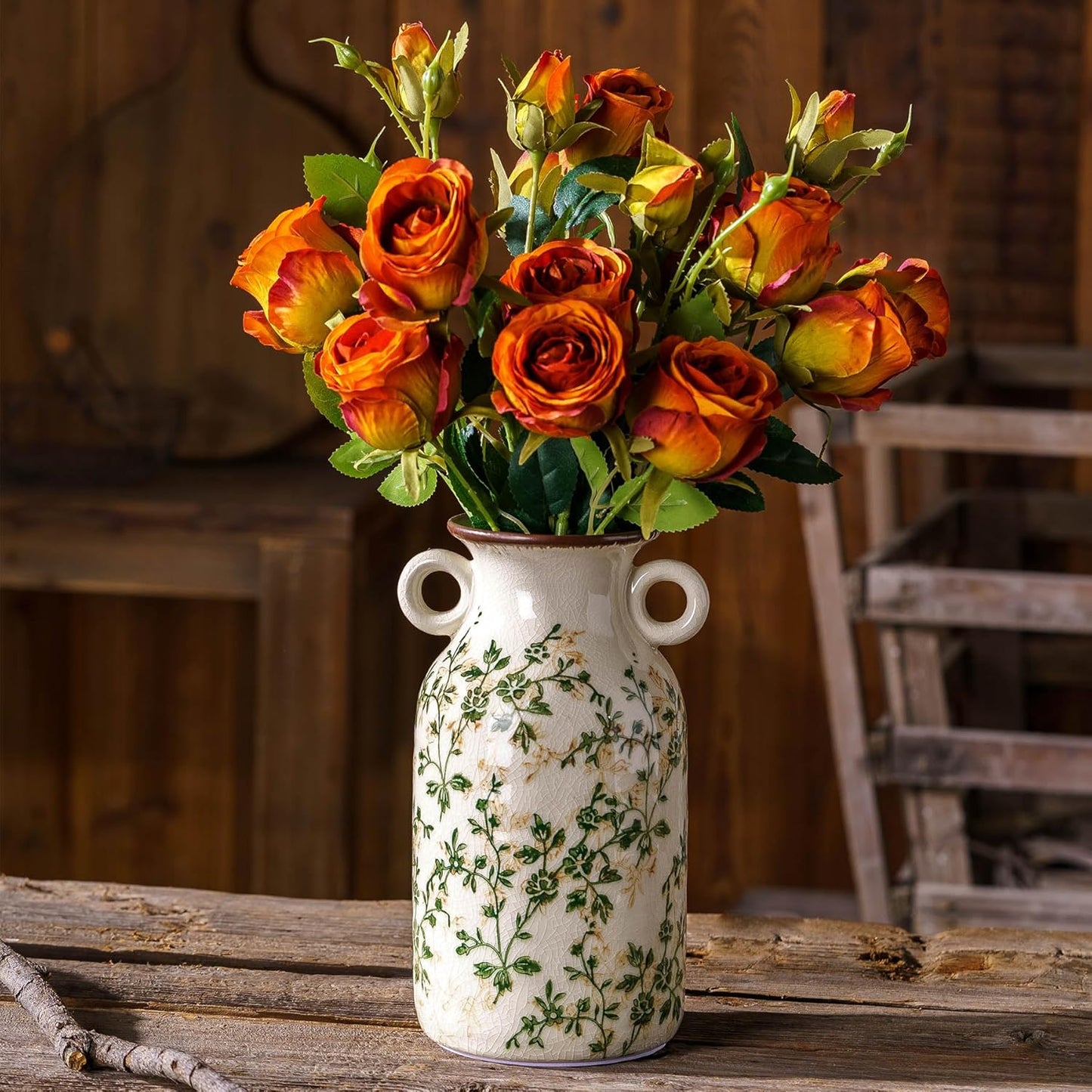 Vintage Pastoral Vase with Handles, Green and Beige Retro Ceramic Flower Vase, Rustic Farmhouse Vases Chinoiserie Floral Large Vase for Home Decor, Living Room, Kitchen, Bedroom and Shelf 9.1 Inch-VerdiqueGarden