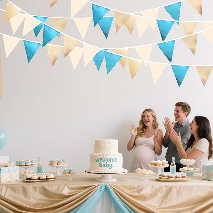 Champagne Gold Sky Blue Beige Decorations Metallic Fabric Triangle Pennant Banner Bunting Flag Garland for Birthday Baby Shower Engagement Wedding Graduation Bridal Shower Party Decorations Supplies-VerdiqueGarden