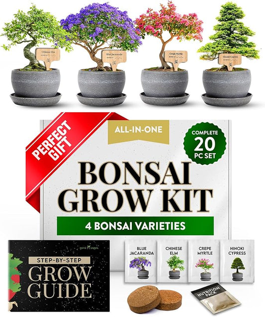 HOME GROWN Bonsai Tree Kit – Easy to Grow 4 Species of Bonsai w/Our Complete Plant Kit: Bonsai Pots & Peat Pellets Including a Bonus in-Depth Grow Guide - Great Gardening Gifts for Women and Men-VerdiqueGarden