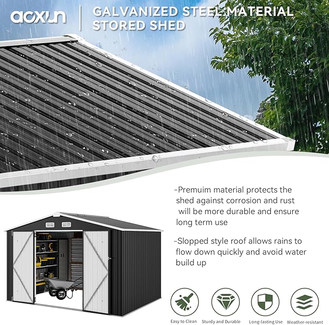 Aoxun 9.4x7.3x6.5 FT Outdoor Storage Shed, Garbage Can, Outdoor Metal Shed for Tool, Garden, Bike, Placed in Patio, Garden (Black)-VerdiqueGarden