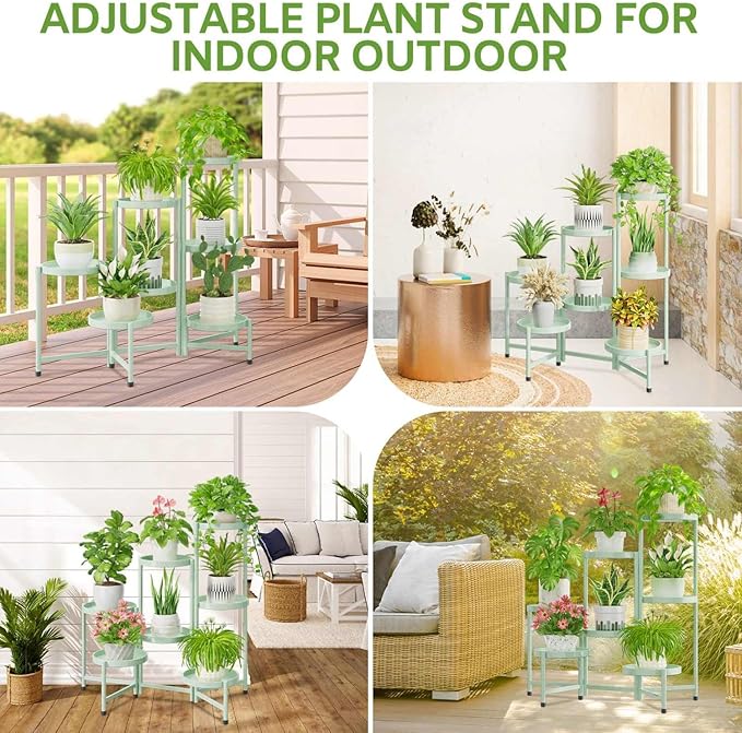 iDavosic.ly 7 Tier Large Plant Stand Indoor, 10 Inch Wide Tall Corner Metal Plant Stands Outdoor for Multiple Plants, Folding Tiered Flower Display Holder Rack Shelf, Light Green-VerdiqueGarden