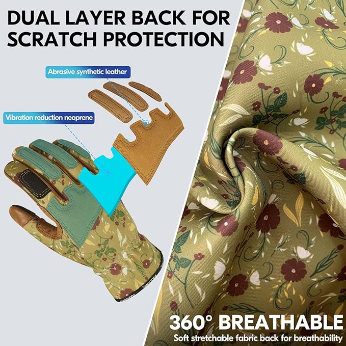 Vgo... 1Pair Gardening Gloves for Women, Goatskin leather Thorn Proof Working Gloves for Weeding, Digging, Raking, Pruning and Planting,Touchscreen (S,Light Green,GA7471)-VerdiqueGarden