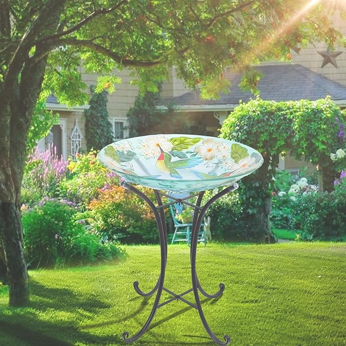 VCUTEKA 18" Outdoor Glass Birdbath with Sturdy Metal Stand for Lawn, Yard, or Garden Decor Bird Lovers Gift, Hummingbird Bird Bath Detachable, 22" Height-VerdiqueGarden
