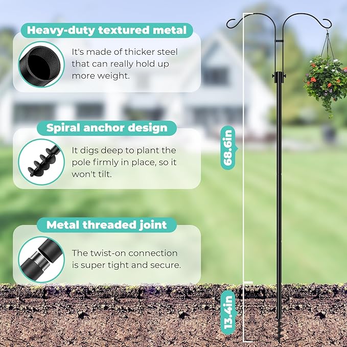 Mrcrafts Bird Feeder Hook for Outdoor, 82 Inch Hevy Duty Bird Feeder Poles, Bird Feeder Stand Station, Garden Hook for Hanging Plants, Lanterns, Hummingbird Feeders-VerdiqueGarden