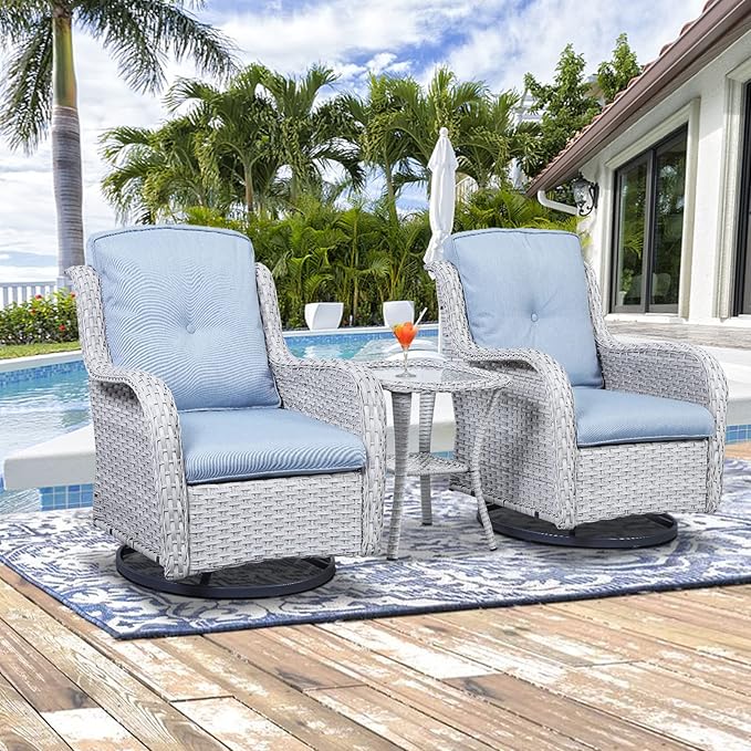 Outdoor Patio Swivel Rocker Chairs - 3 Piece Patio Bistro Set,Wicker Patio Furniture Set with 2 Swivel Rocking Chairs and 1 Glass Top Side Table for Deck Porch Garden,Light Grey/SkyBlue-VerdiqueGarden