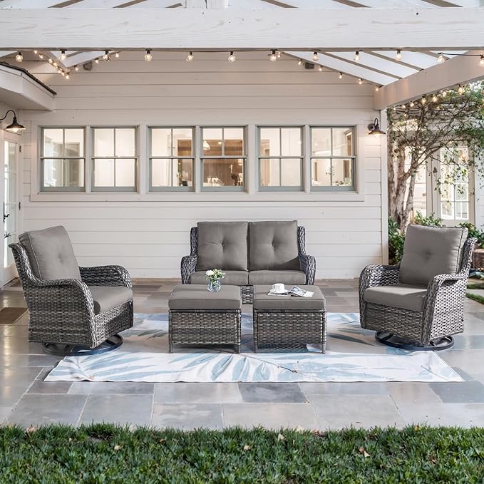 5 Piece Outdoor Patio Furniture Set - Wicker Furniture Patio Conversation Set, Outdoor Swivel Rocker Chairs with Loveseat Sofa and 2 Ottomans for Small Space, Gray Cushion-VerdiqueGarden