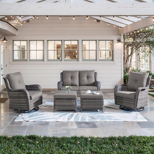 5 Piece Outdoor Patio Furniture Set - Wicker Furniture Patio Conversation Set, Outdoor Swivel Rocker Chairs with Loveseat Sofa and 2 Ottomans for Small Space, Gray Cushion-VerdiqueGarden