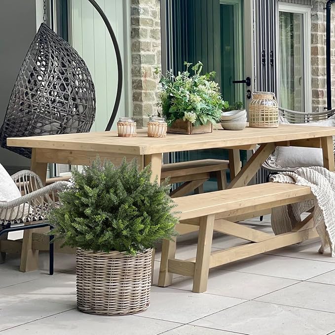 23.6Inch Artificial Cedar Topiary, 2 Pack UV Resistant Faux Evergreen Shrubs with Ground Spikes, Indoor Outdoor Potted Plants for Porch, Garden, Front Door Decor-VerdiqueGarden