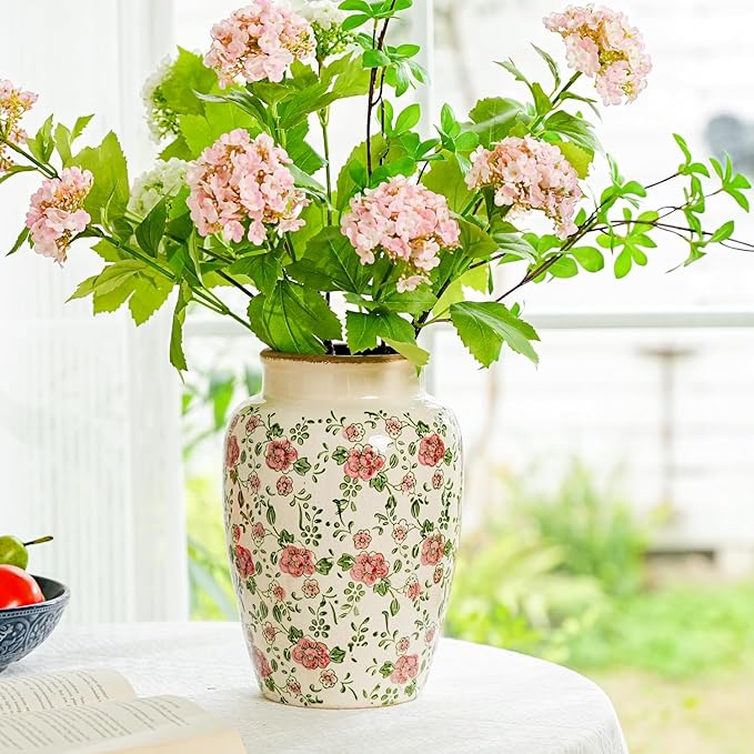 Sungmor Ceramic Flower Vase, Vintage Ice Cracked Glaze Porcelain Vase, Pretty Home Decor Vase for Flower Arrangement, Fresh Flowers, 10.2 Inch Tall Chinoiserie Pottery Vase, Pink Floral Pattern-VerdiqueGarden