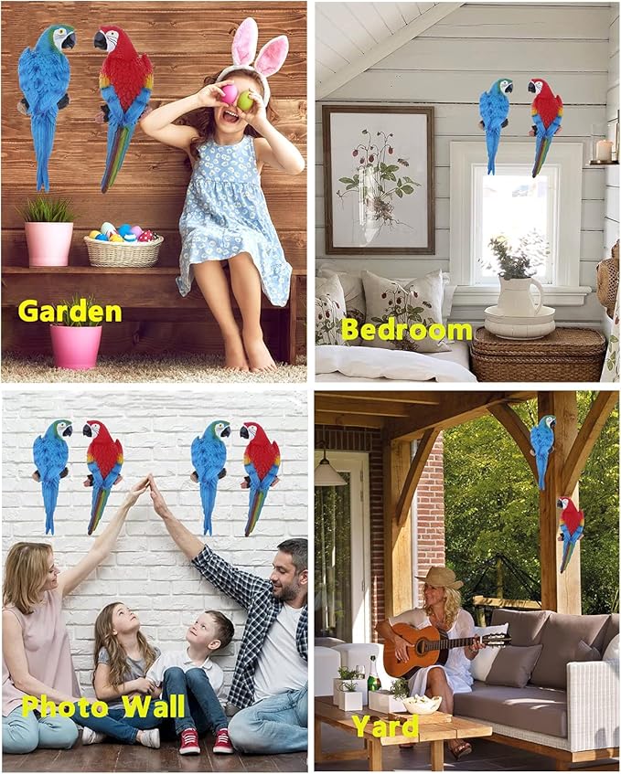 2Pcs Large Resin Parrot Decor Statues Lifelike Hawaiian Tropical Birds Decor, 12.5" Fake Parrot for Tiki Decoration Outdoor Garden Tree Wall Pool Macaw Statues Bird Lover Ornament Gifts(Blue and Red)-VerdiqueGarden