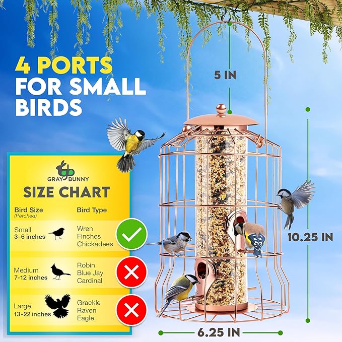 Squirrel Proof Bird Feeder for Outdoors Hanging (Metal Rose Gold) Bird Feeder with 4 Ports, Chew-Proof & Weather Resistant, Backyard Gift (10.25 x 6.25 x 6.25 inches)-VerdiqueGarden