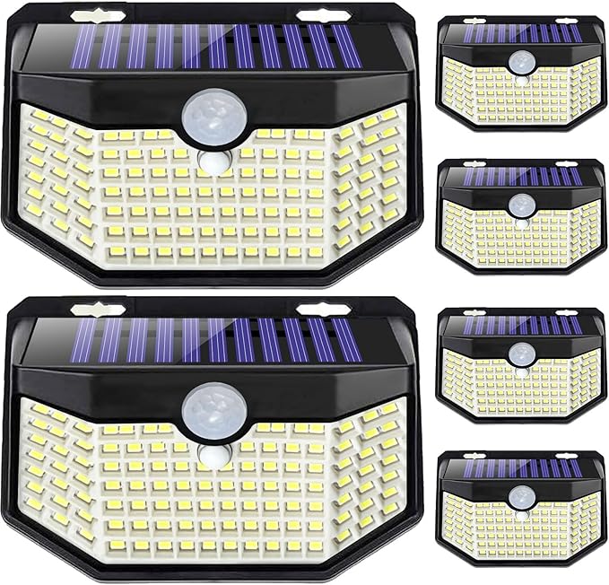 HMCITY 120 LED Outdoor Solar Lights with Motion Sensor and 3 Lighting Modes, IP65 Waterproof Wide Solar Wall Lights Ideal for Garden Patio Yard (Front Button 6Packs, Daylight White)-VerdiqueGarden