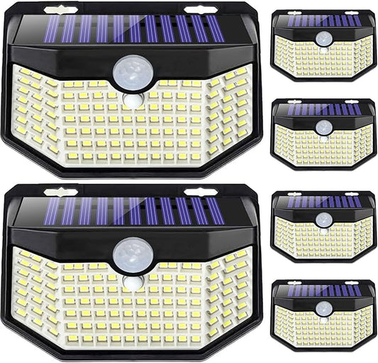 HMCITY 120 LED Outdoor Solar Lights with Motion Sensor and 3 Lighting Modes, IP65 Waterproof Wide Solar Wall Lights Ideal for Garden Patio Yard (Front Button 6Packs, Daylight White)-VerdiqueGarden