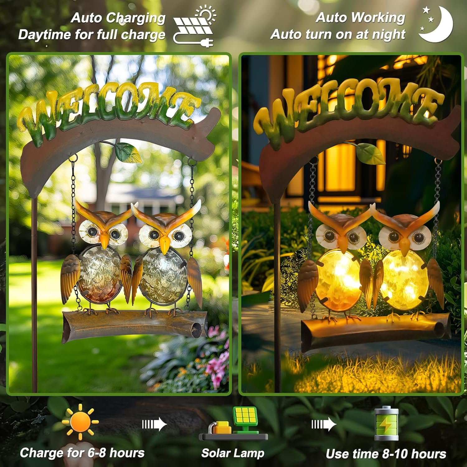 HONGLAND Solar Lights Outdoor Decor, Owl Swing Garden Decor, Owl Gifts for Women Mom, Whimsical Garden Lights Outdoor Decorations with Welcome Sign for Outside Patio Yard Lawn Decor-48inch-VerdiqueGarden