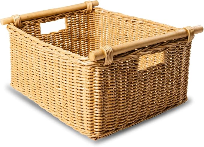 The Basket Lady Pole Handle Wicker Storage Basket, Large, 18 in L x 14.5 in W x 9 in H, Sandstone-VerdiqueGarden