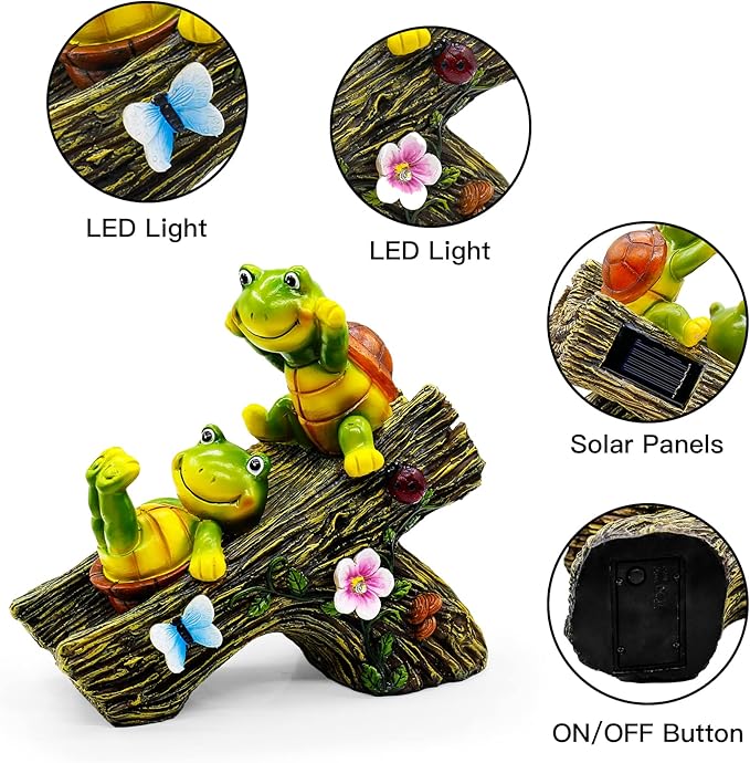 Garden Turtle Figurines Outdoor Decorations, Solar Statue Sweet Frog Face Turtles Decor with 4 LED Lights, Unique Garden Art Resin Statue Gifts for Patio Lawn Porch Yard-VerdiqueGarden