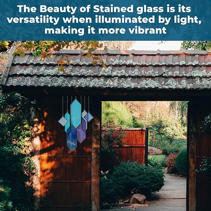 Stained Glass Window Hanging Sun Catcher - Blue Wall Art, Earth Tones Modern Design, Fully Assembled, Ready to Hang, Home or Garden Decor-VerdiqueGarden