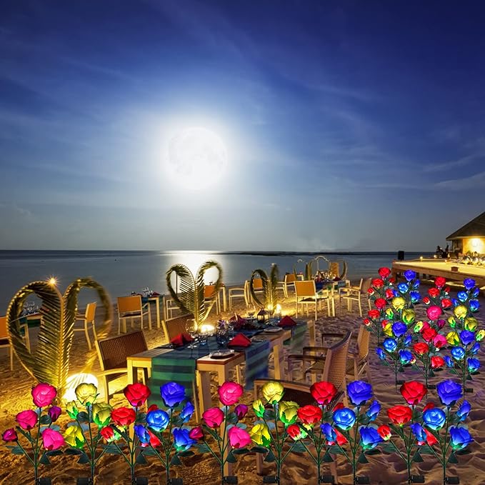 ANGMLN Solar Garden Lights, 6 Pack Solar Flower Lights Outdoor Waterproof with 30 Head Realistic Rose 7-Color Changing Landscape Light for Garden Yard Pathway Patio Grave Cemetery Decoration-VerdiqueGarden